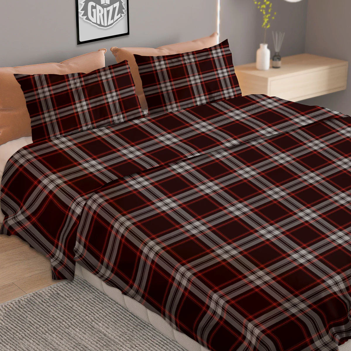 Scottish Plaid Grey Black And Red Print Duvet Cover Bedding Set - Image 2