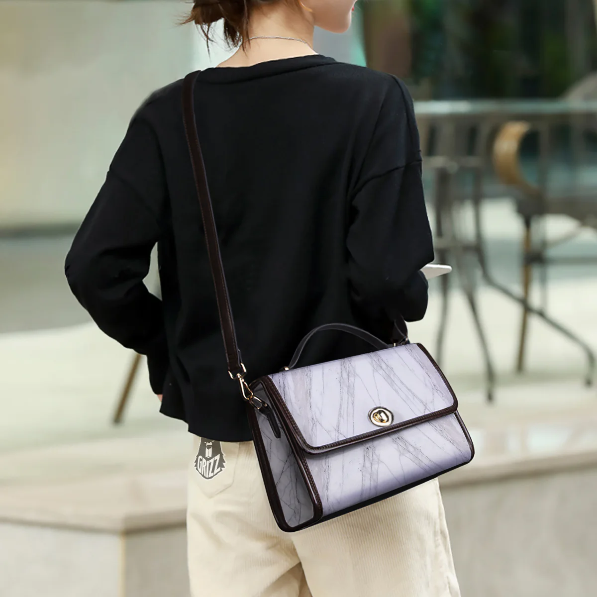 Scratch Marble White Gray Print Pattern Women's Satchel Bag - Image 3