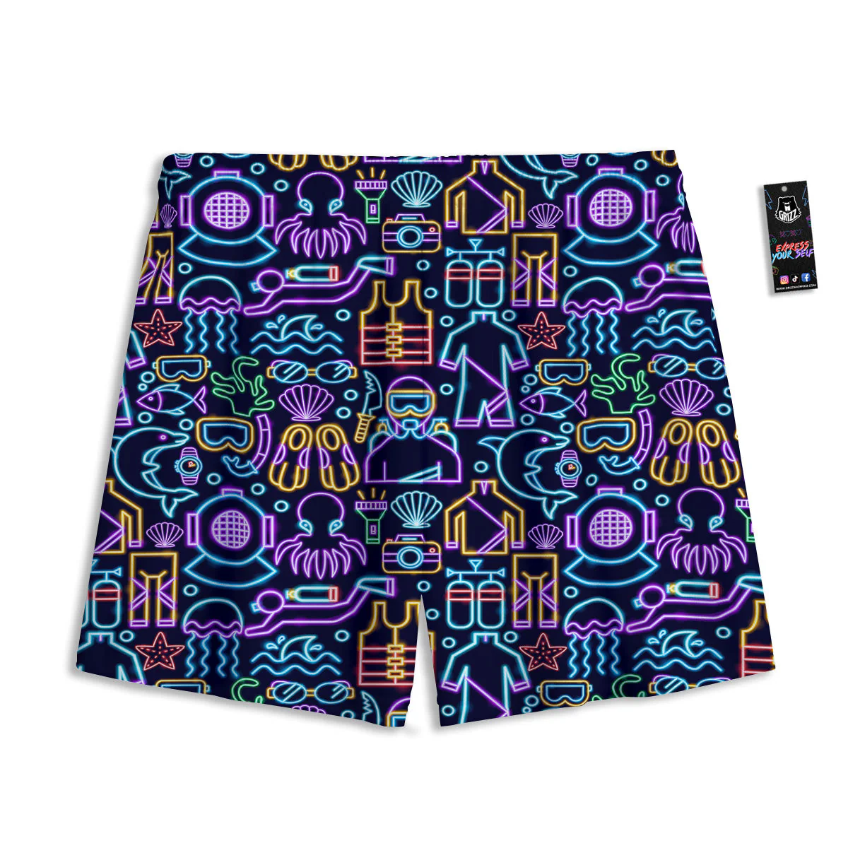 Scuba Diver Neon Print Pattern Mesh Shorts - Image 2