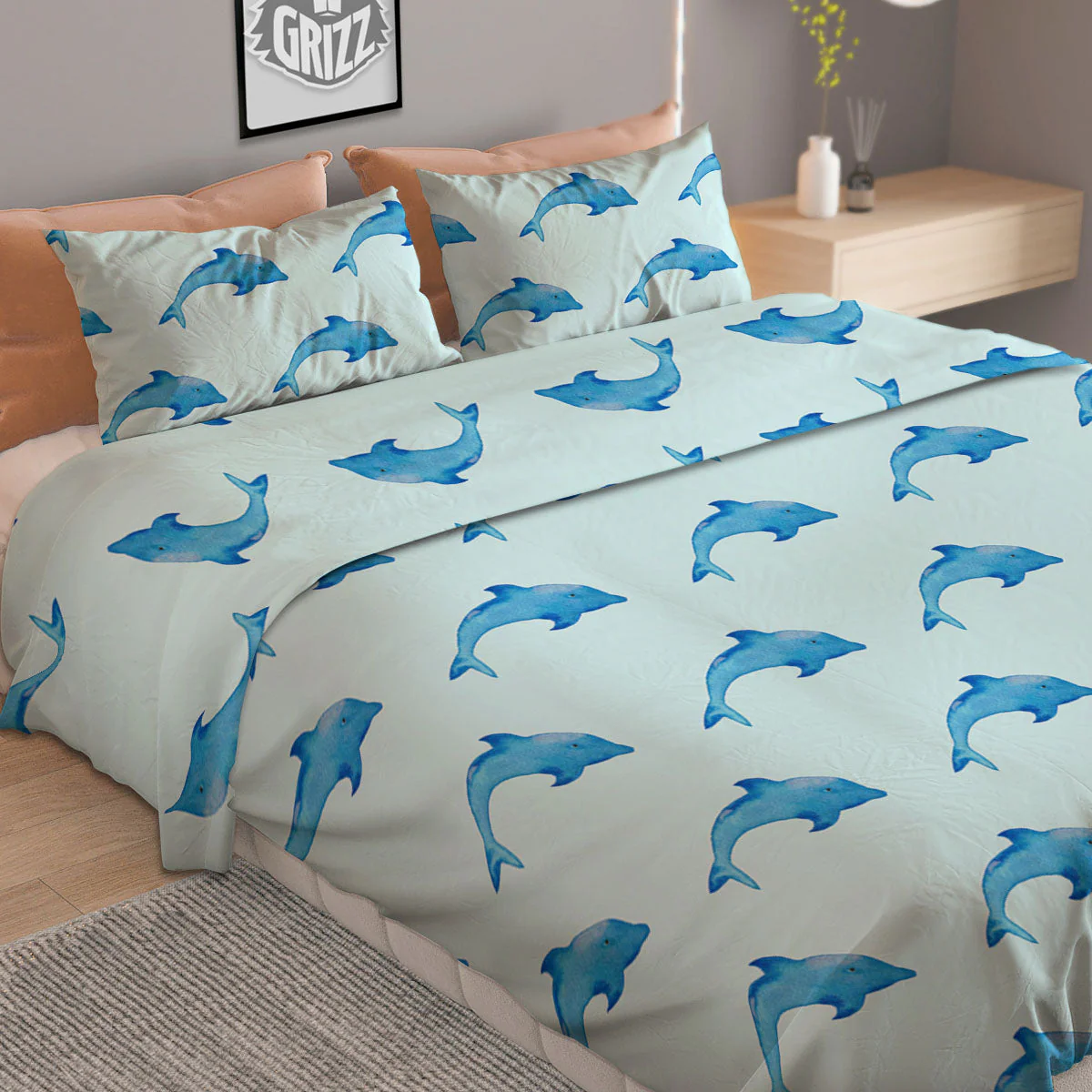 Sea Dolphin Watercolor Print Pattern Duvet Cover Bedding Set - Image 2