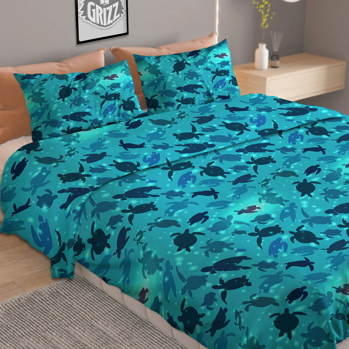 Sea Turtle Black And Blue Print Pattern Duvet Cover Bedding Set - Image 2