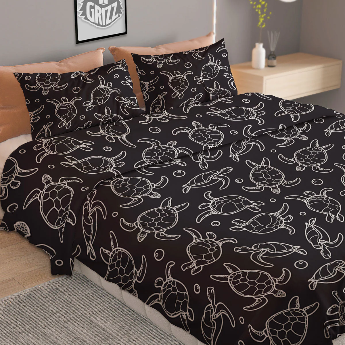 Sea Turtle Black And White Print Pattern Duvet Cover Bedding Set - Image 2
