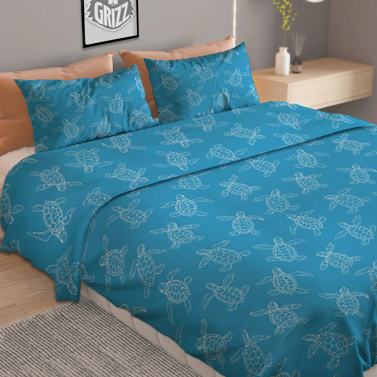 Sea Turtle White And Blue Print Pattern Duvet Cover Bedding Set - Image 2