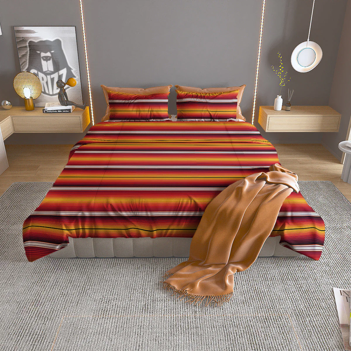 Serape Ethnic Boho Stripes Mexican Black Orange Print Duvet Cover Bedding Set