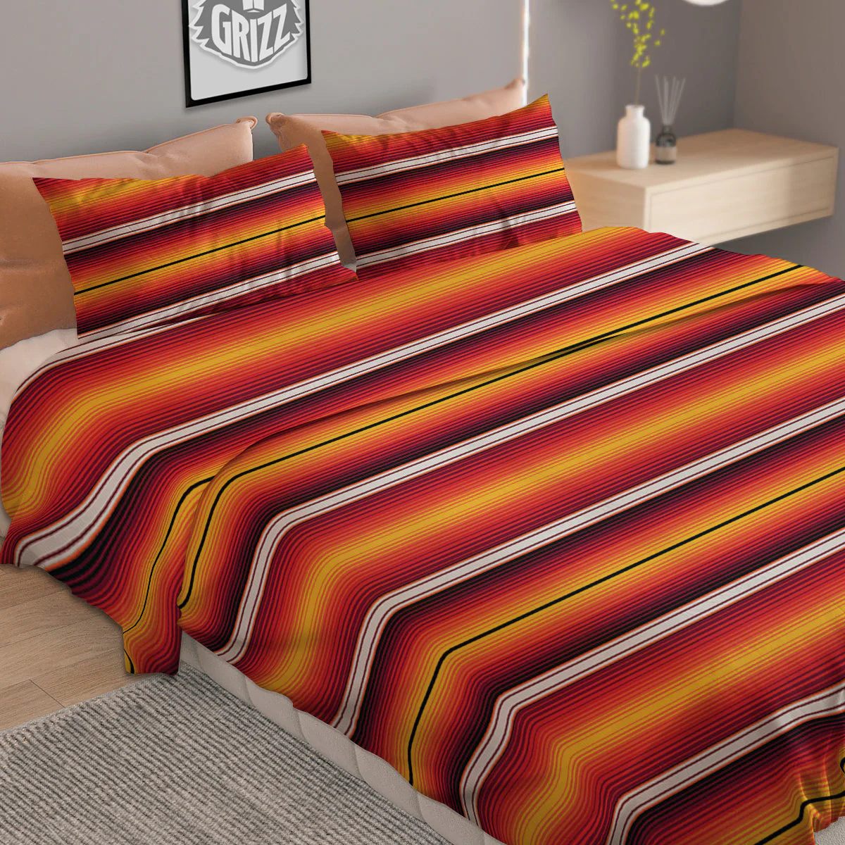Serape Ethnic Boho Stripes Mexican Black Orange Print Duvet Cover Bedding Set - Image 2