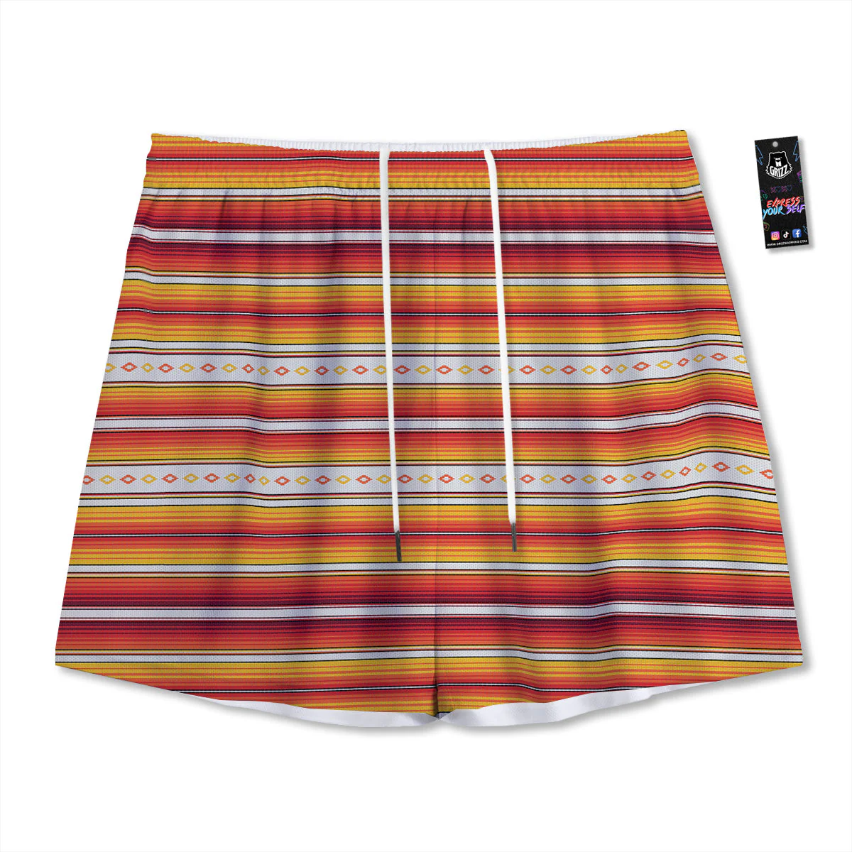 Serape Ethnic Boho Stripes Mexican Orange Print Mesh Shorts