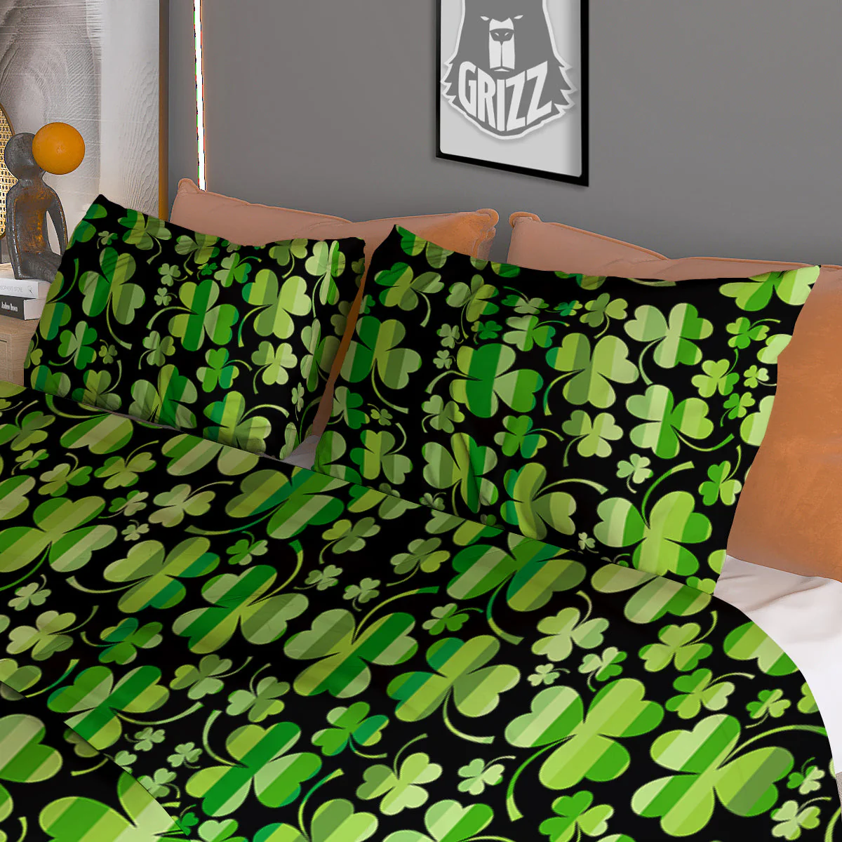 Shamrock Green And Black Print Pattern Duvet Cover Bedding Set - Image 3