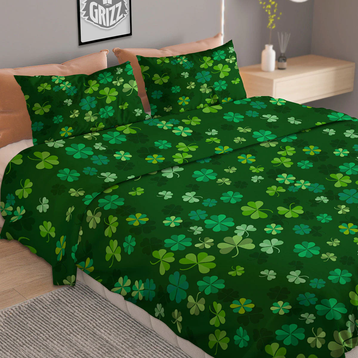 Shamrock Leaf Green Print Pattern Duvet Cover Bedding Set - Image 2