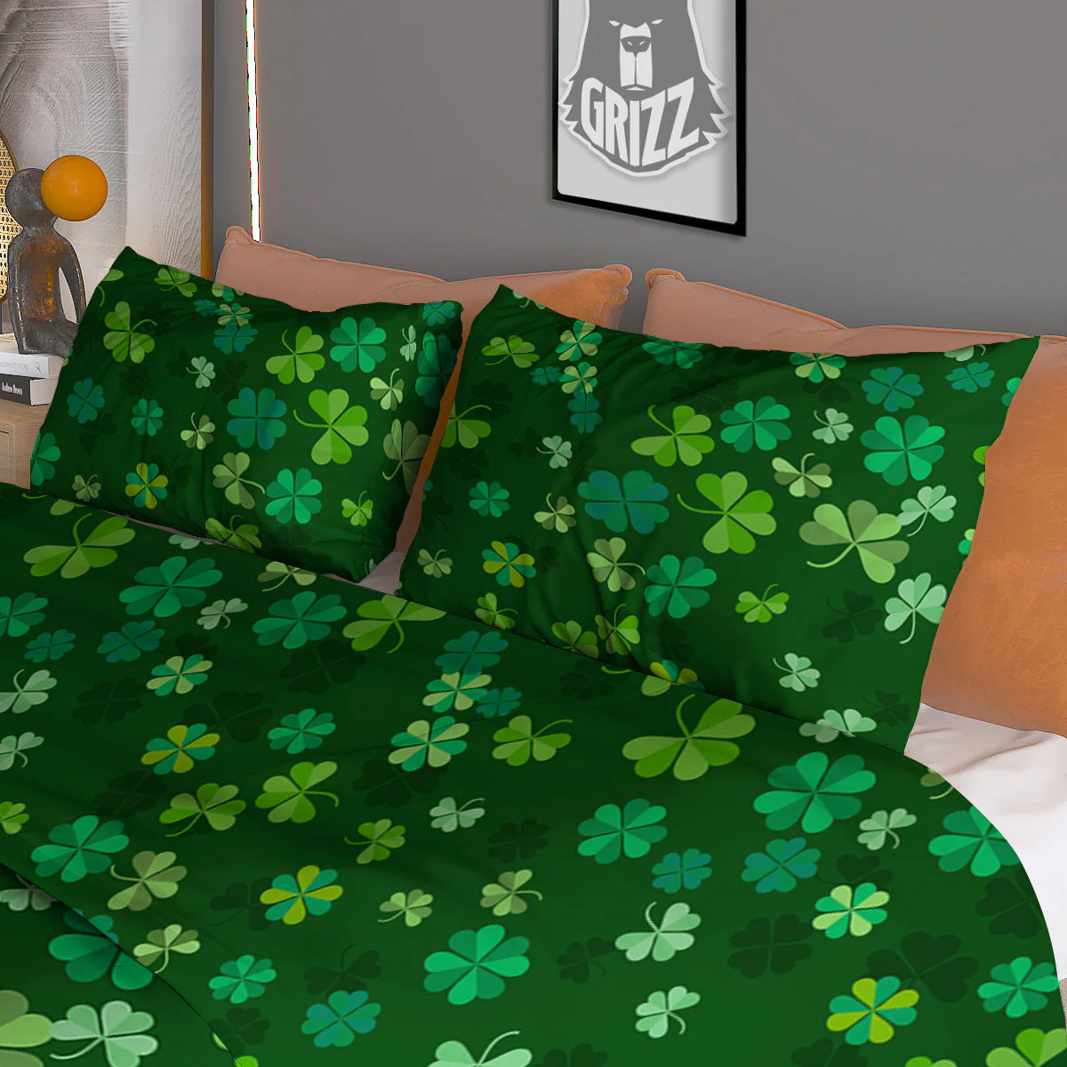 Shamrock Leaf Green Print Pattern Duvet Cover Bedding Set - Image 3