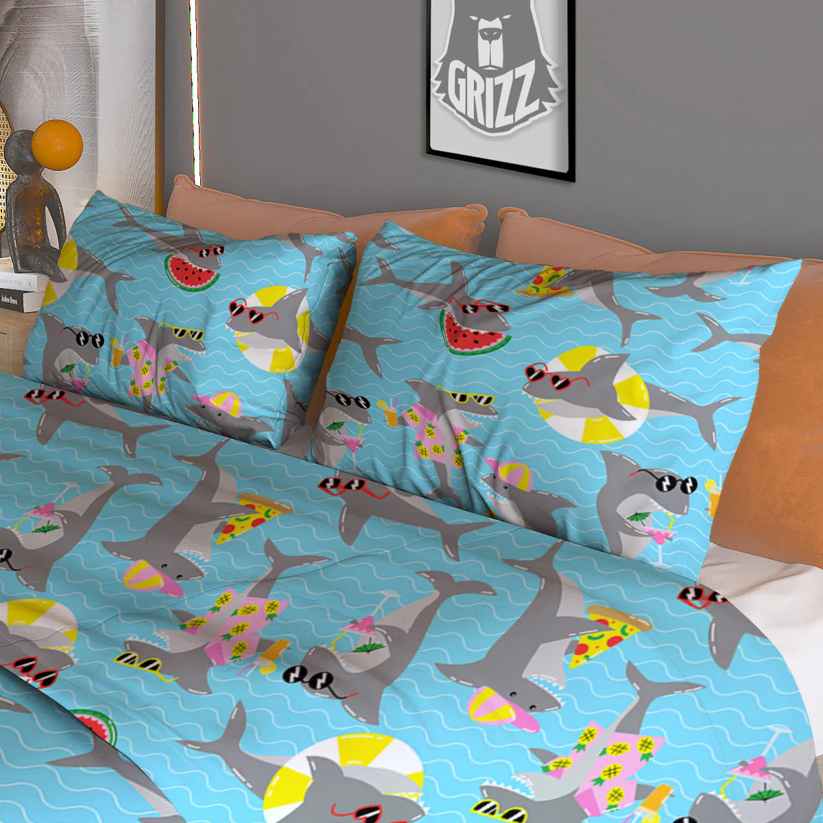 Shark Cartoon Print Pattern Duvet Cover Bedding Set - Image 3