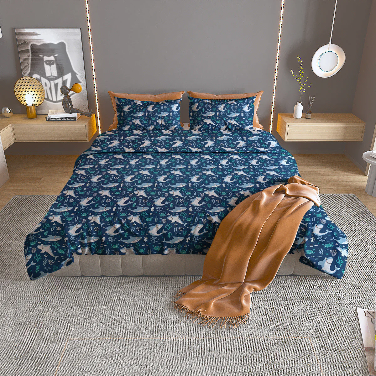 Shark Cute Print Pattern Duvet Cover Bedding Set