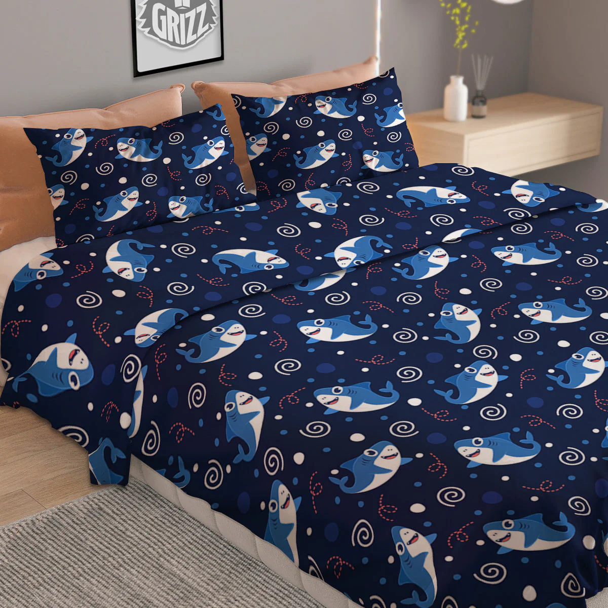 Shark Cute White Print Pattern Duvet Cover Bedding Set - Image 2
