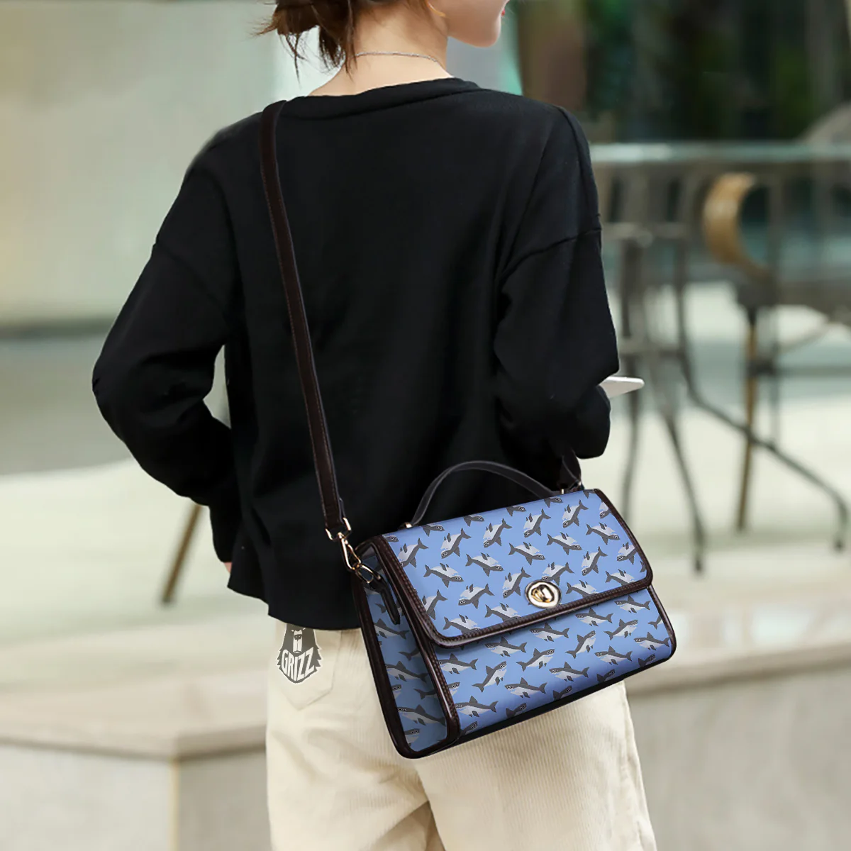 Shark Grey And White Print Pattern Women's Satchel Bag - Image 3