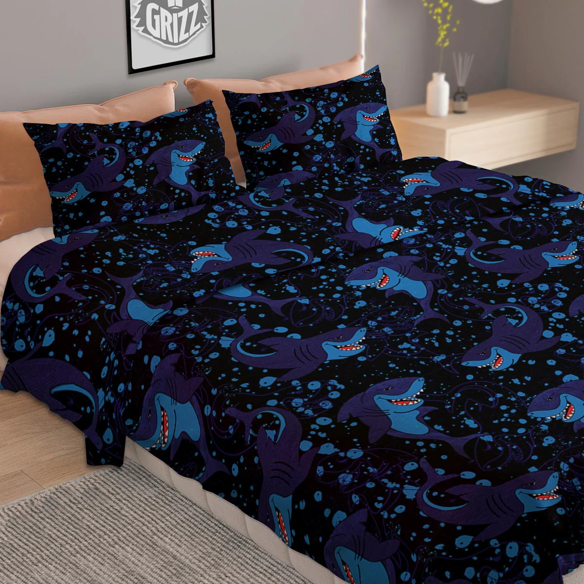 Shark Smiley Print Pattern Duvet Cover Bedding Set - Image 2