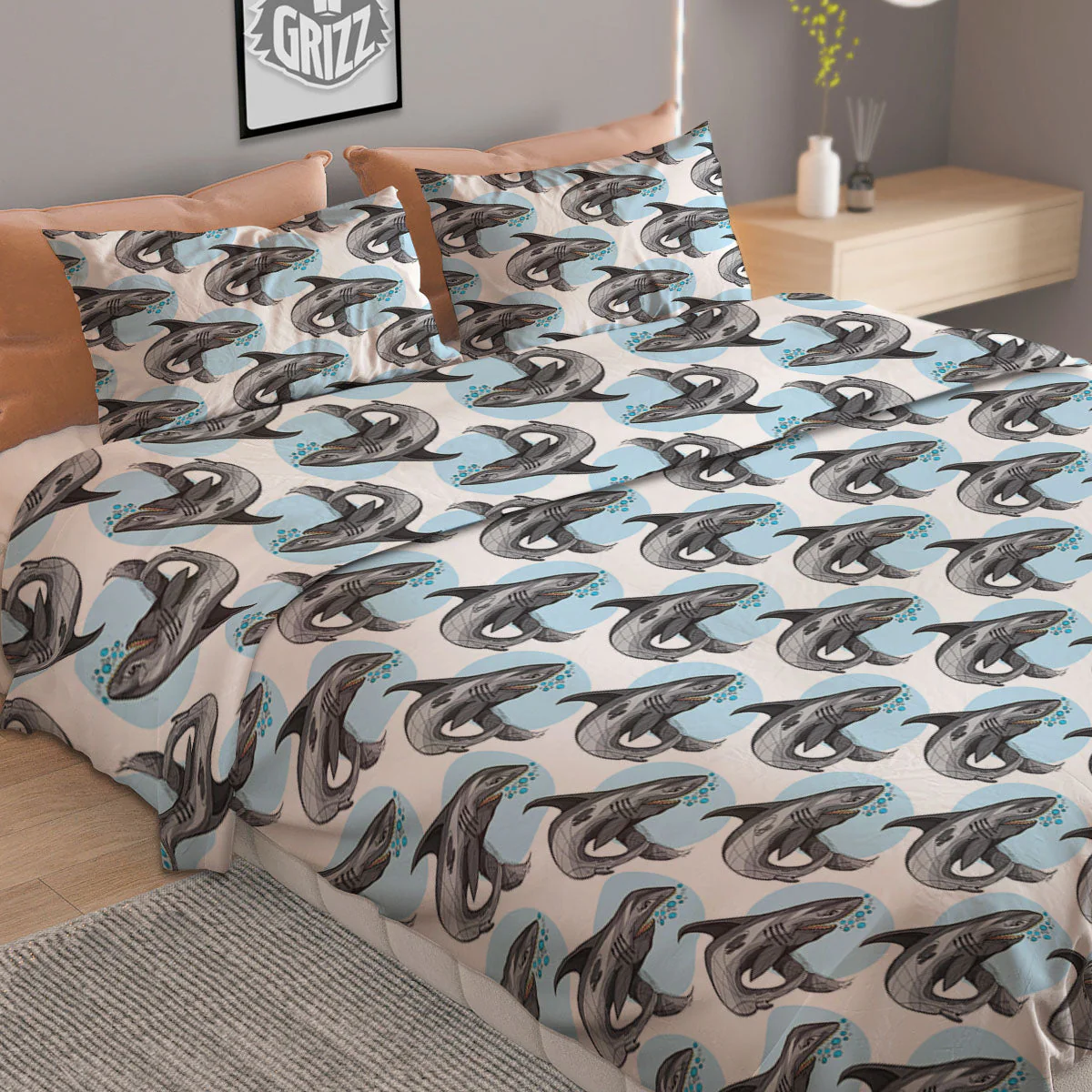 Shark White And Grey Print Pattern Duvet Cover Bedding Set - Image 2