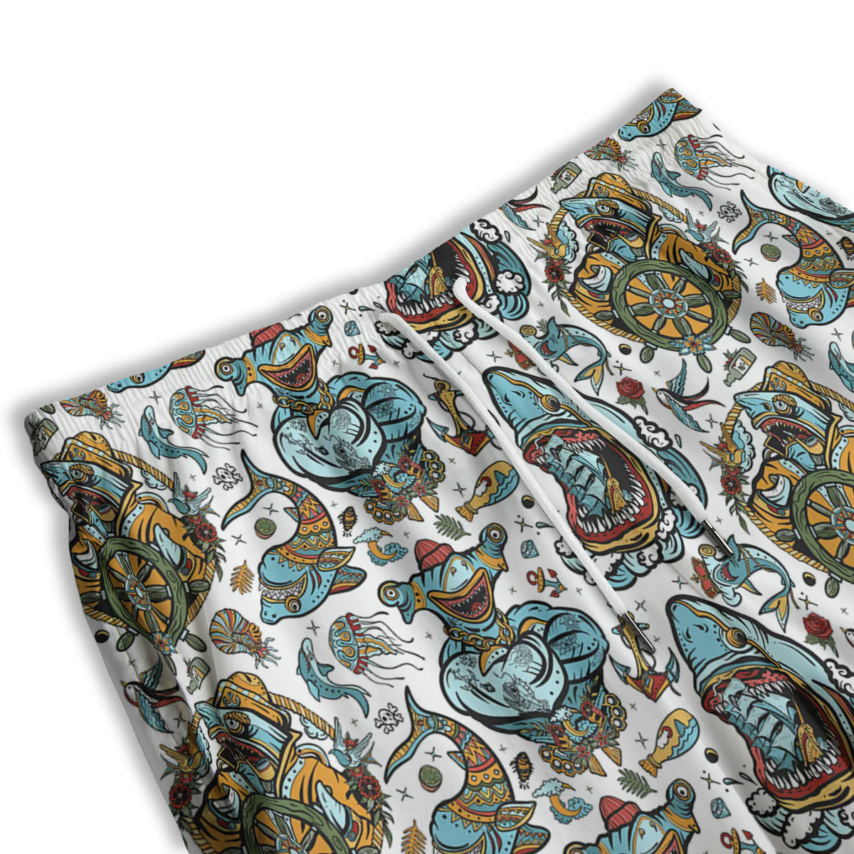 Sharks Underwater Tattoo Print Pattern Men's Athletic Shorts - Image 3