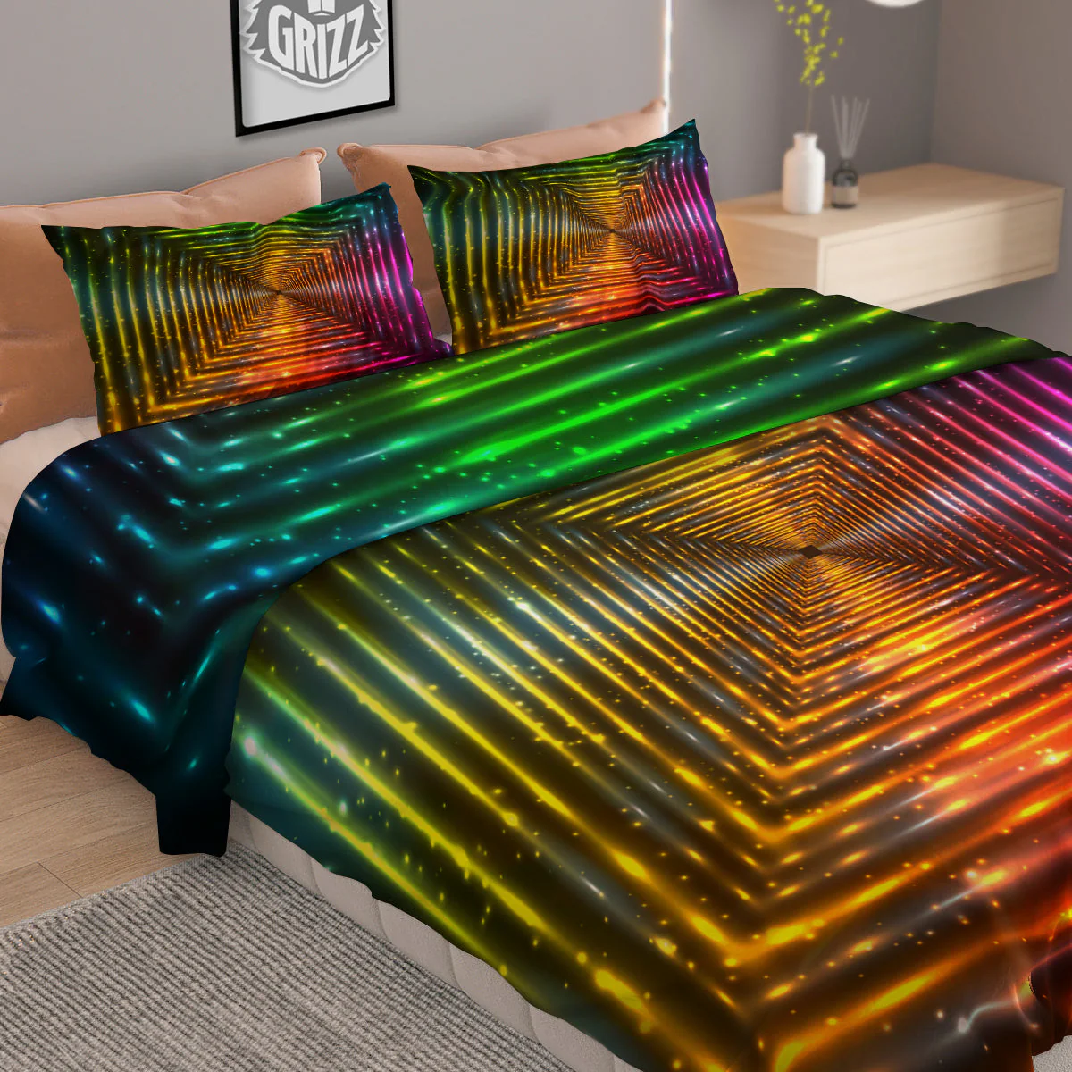 Shining Lights Rainbow Colors Neon Print Duvet Cover Bedding Set - Image 2