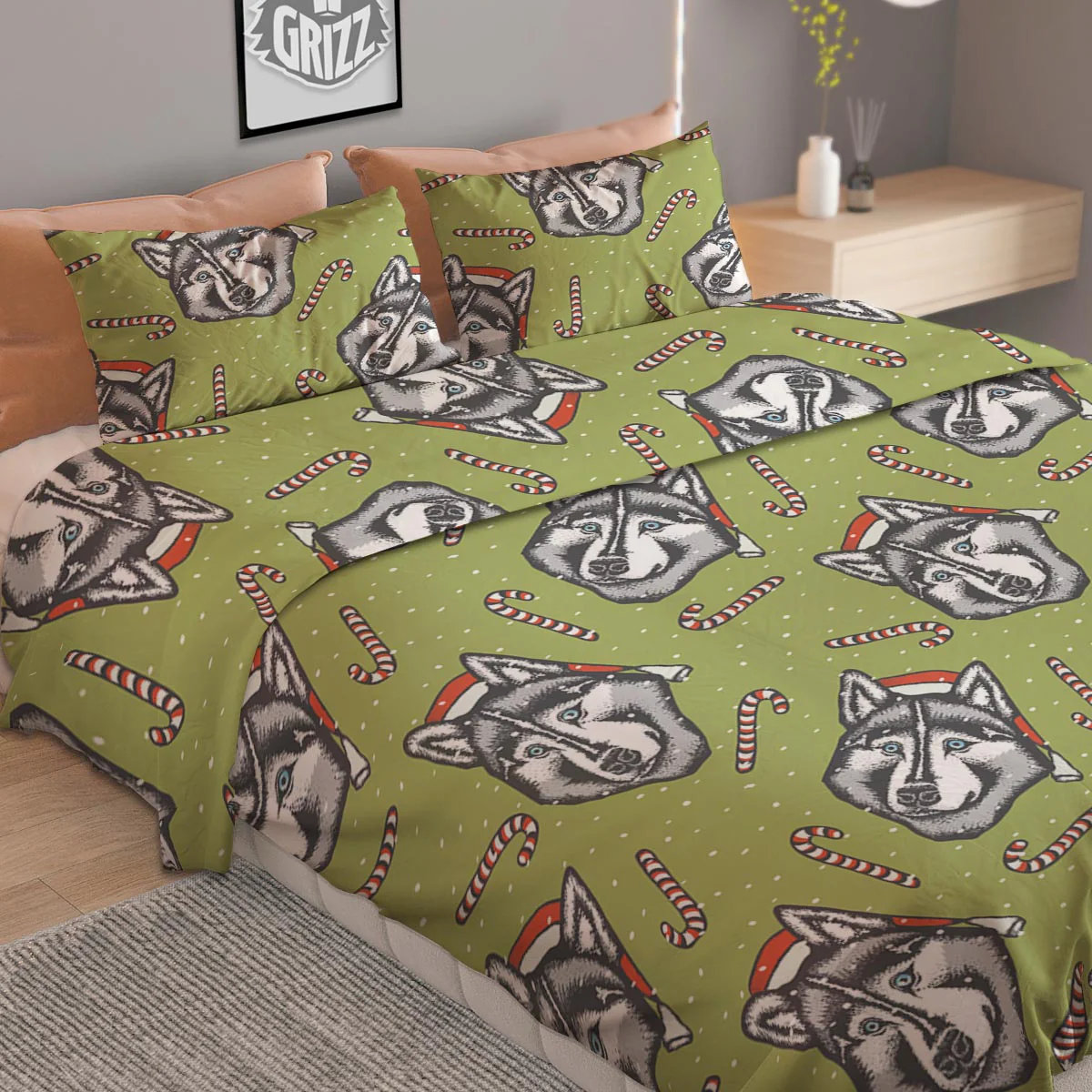 Siberian Husky Santa Print Pattern Duvet Cover Bedding Set - Image 2