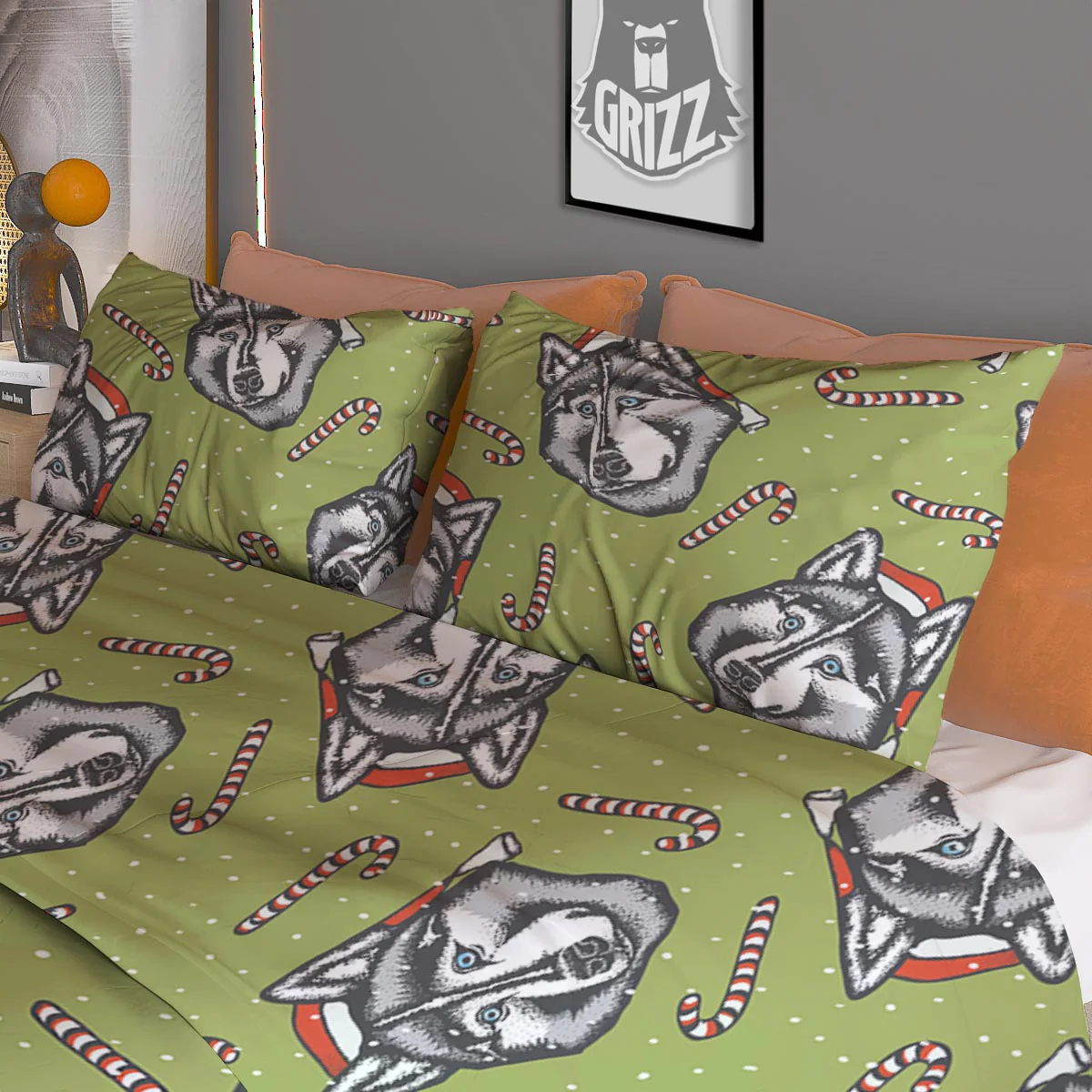 Siberian Husky Santa Print Pattern Duvet Cover Bedding Set - Image 3