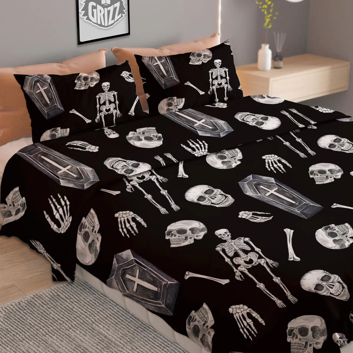 Skeleton And Tomb Print Pattern Duvet Cover Bedding Set - Image 2
