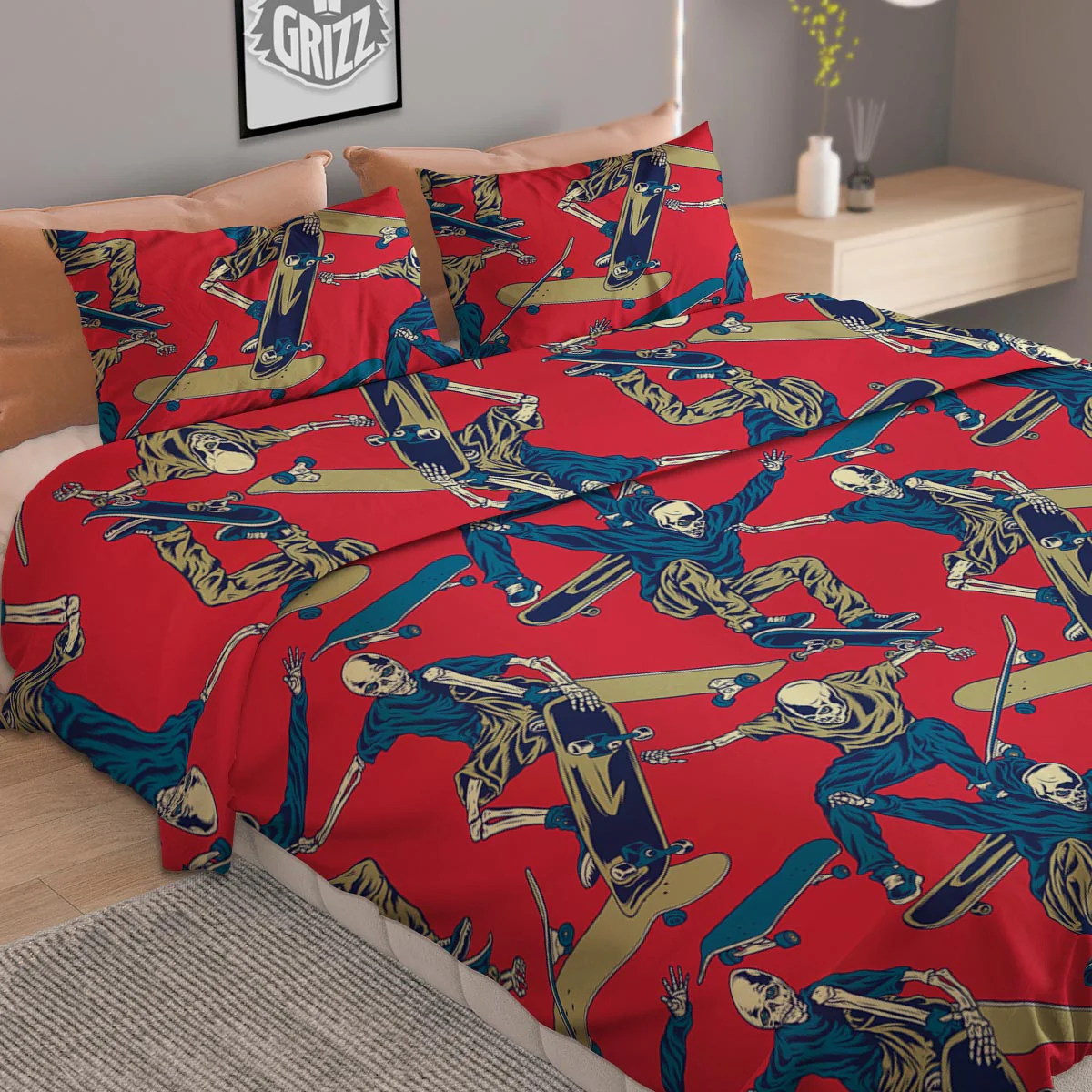 Skeleton Skateboarding Print Pattern Duvet Cover Bedding Set - Image 2