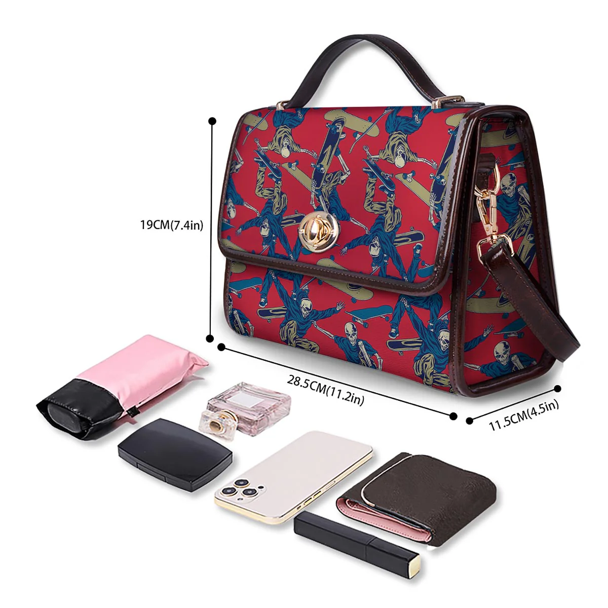 Skeleton Skateboarding Print Pattern Women's Satchel Bag - Image 4