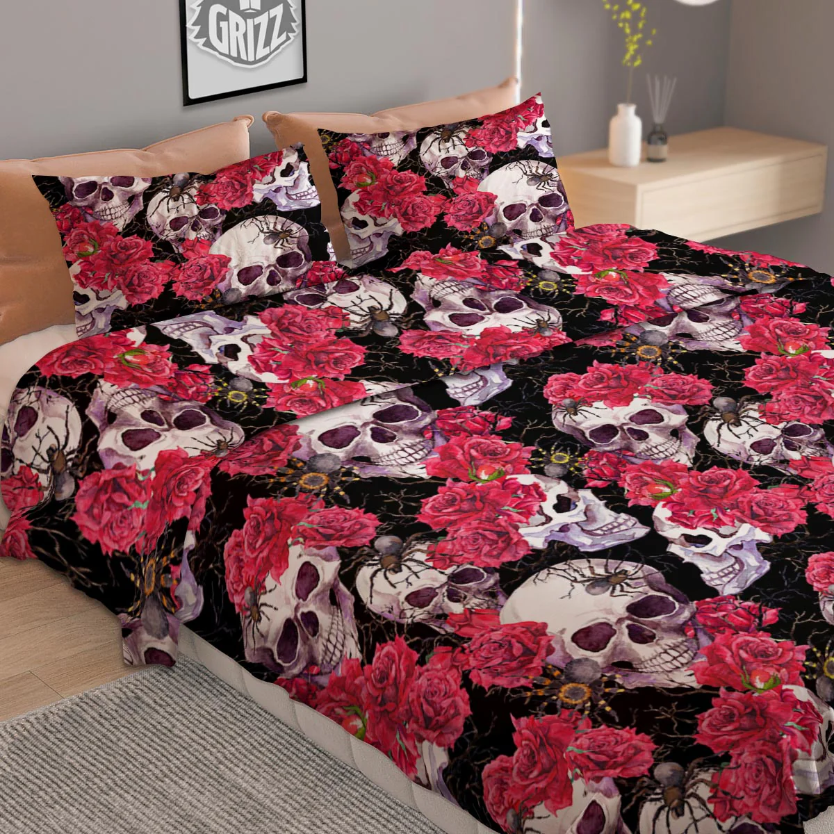 Skull And Rose Print Pattern Duvet Cover Bedding Set - Image 2