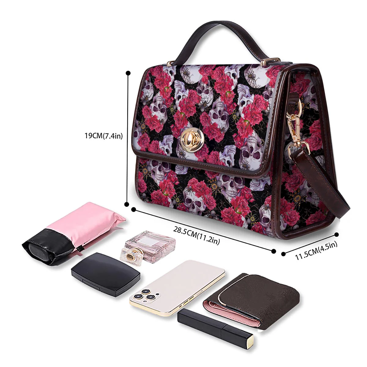 Skull And Rose Print Pattern Women's Satchel Bag - Image 4