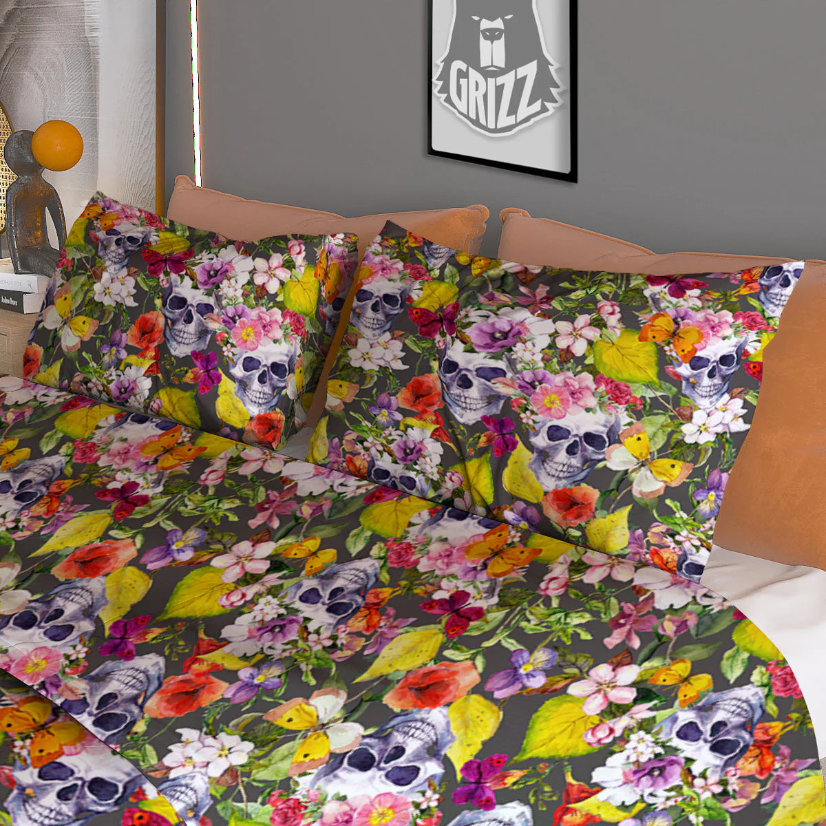 Skull Blossom Flowers Print Pattern Duvet Cover Bedding Set - Image 3