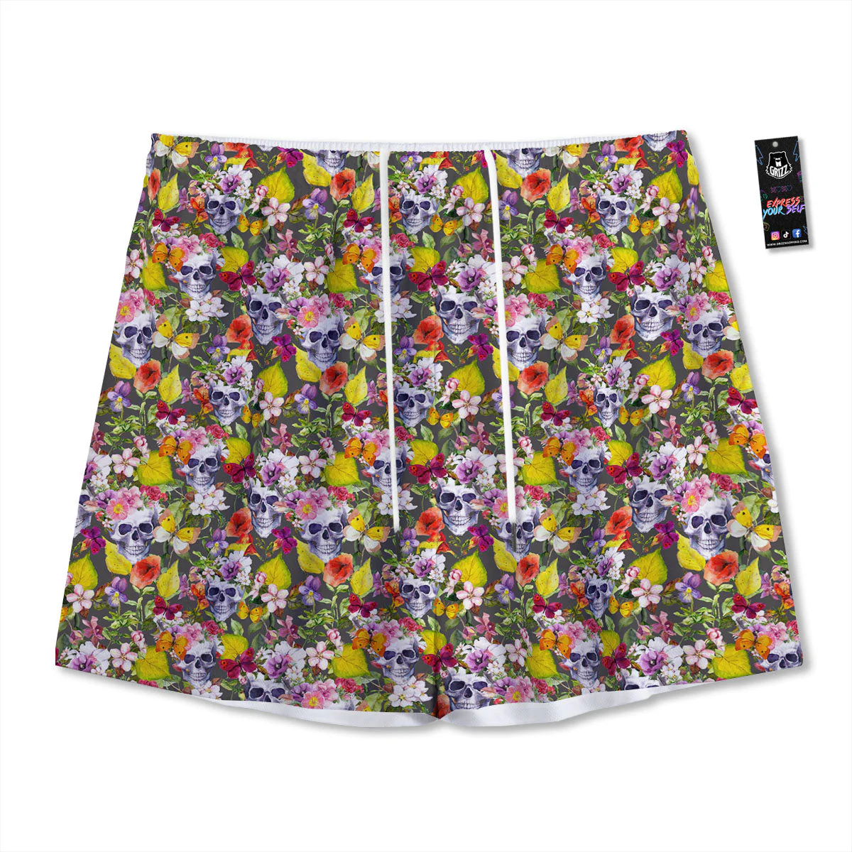 Skull Blossom Flowers Print Pattern Mesh Shorts