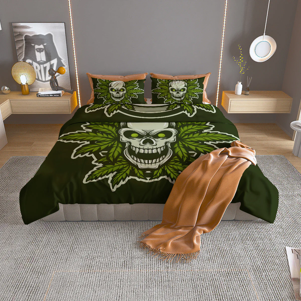 Skull Cannabis Print Duvet Cover Bedding Set
