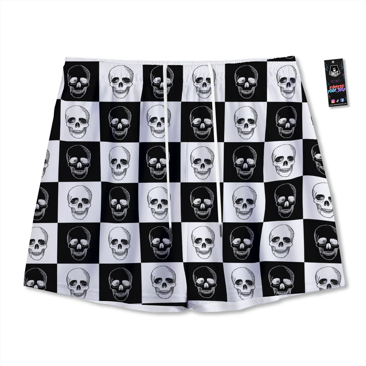 Skull Checkered Print Pattern Mesh Shorts