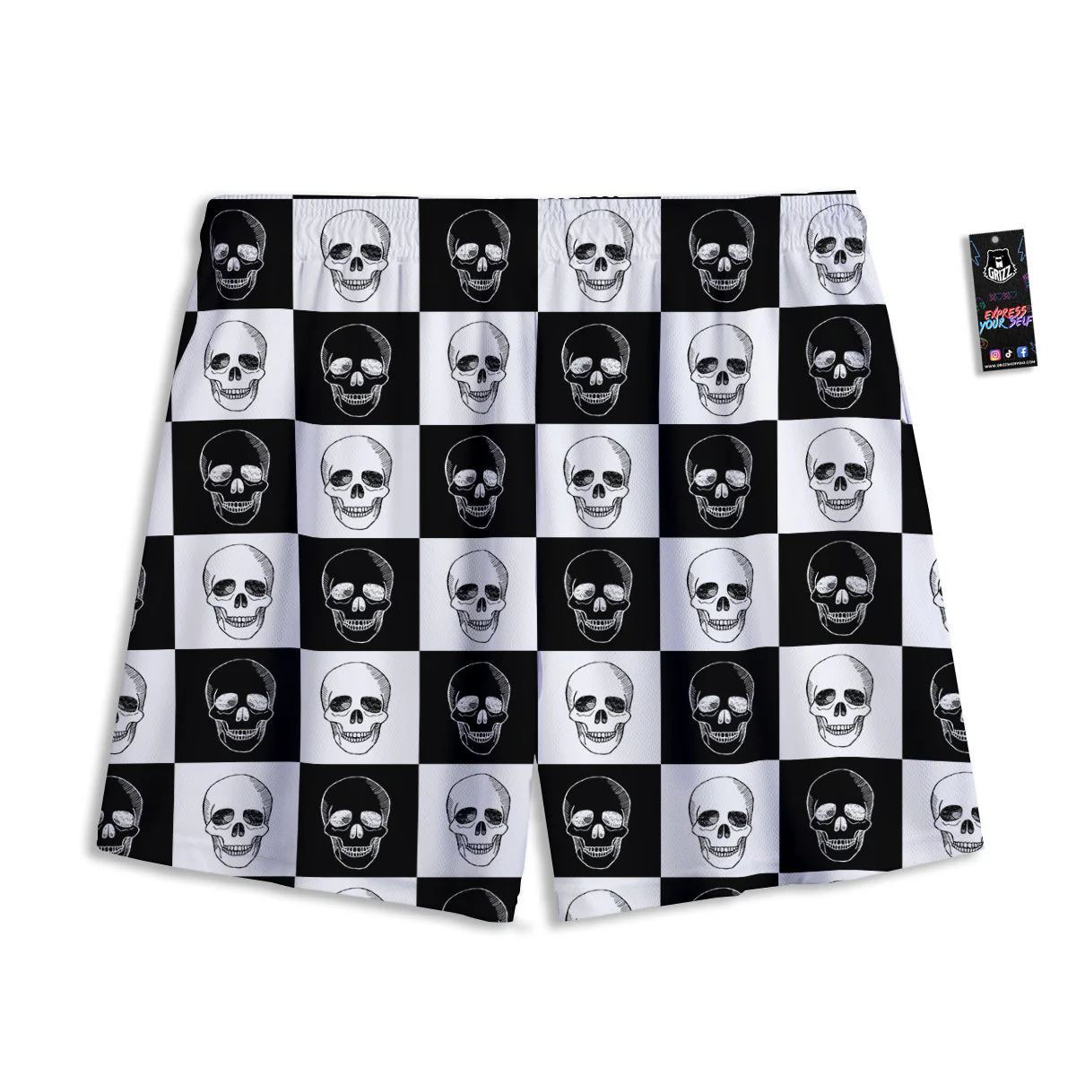 Skull Checkered Print Pattern Mesh Shorts - Image 2