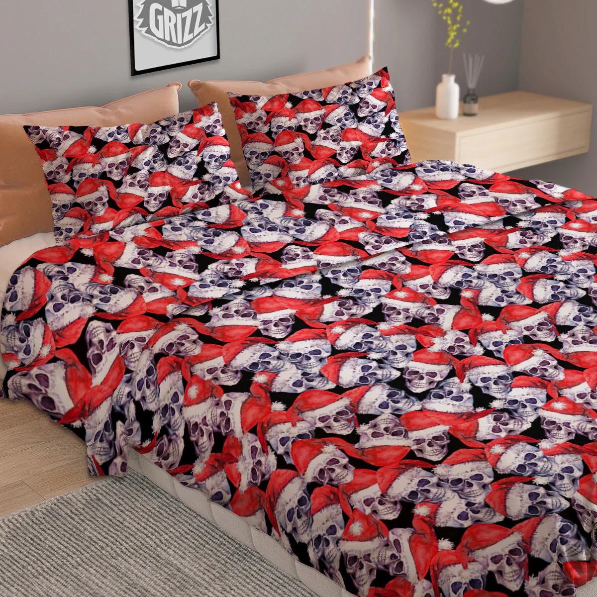 Skull Christmas Santa Print Pattern Duvet Cover Bedding Set - Image 2