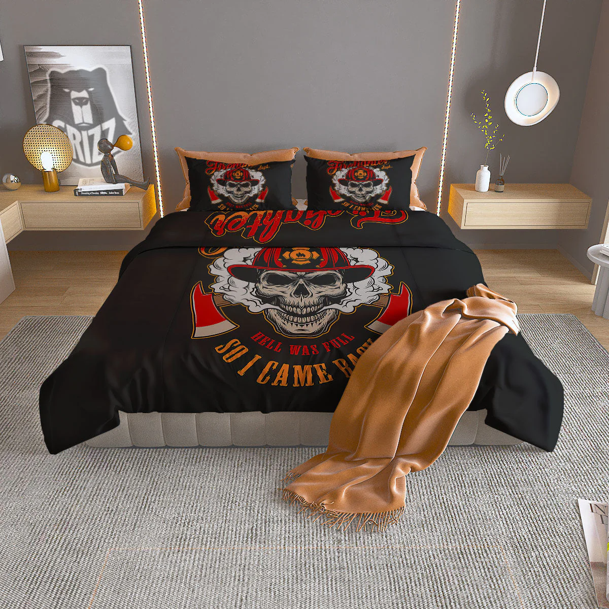 Skull Firefighter Department Print Duvet Cover Bedding Set