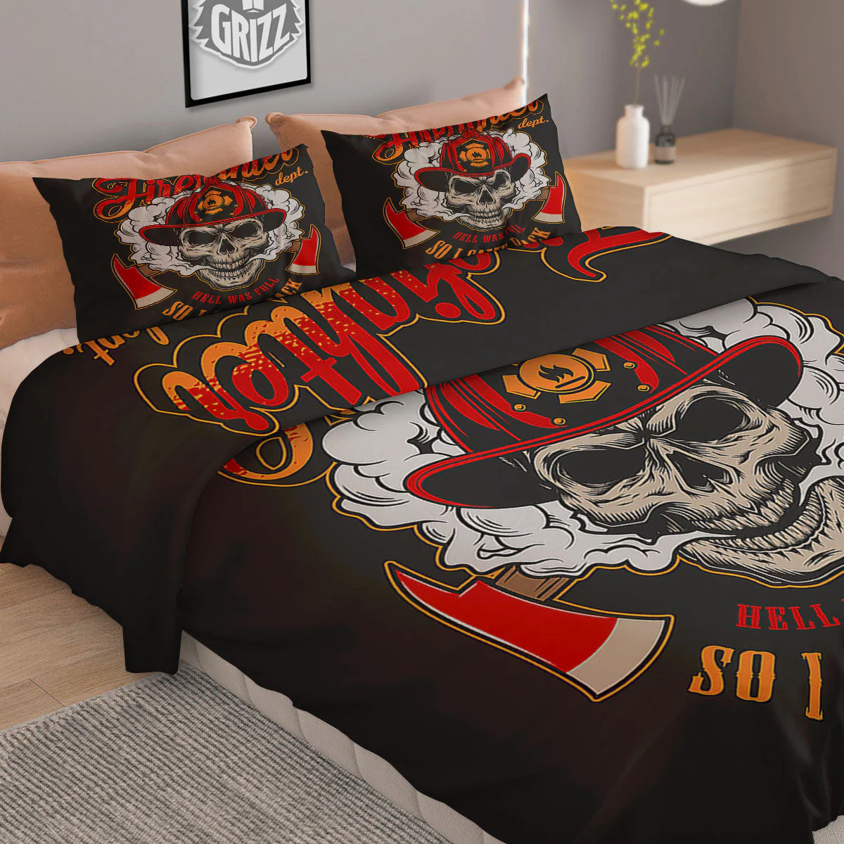 Skull Firefighter Department Print Duvet Cover Bedding Set - Image 2