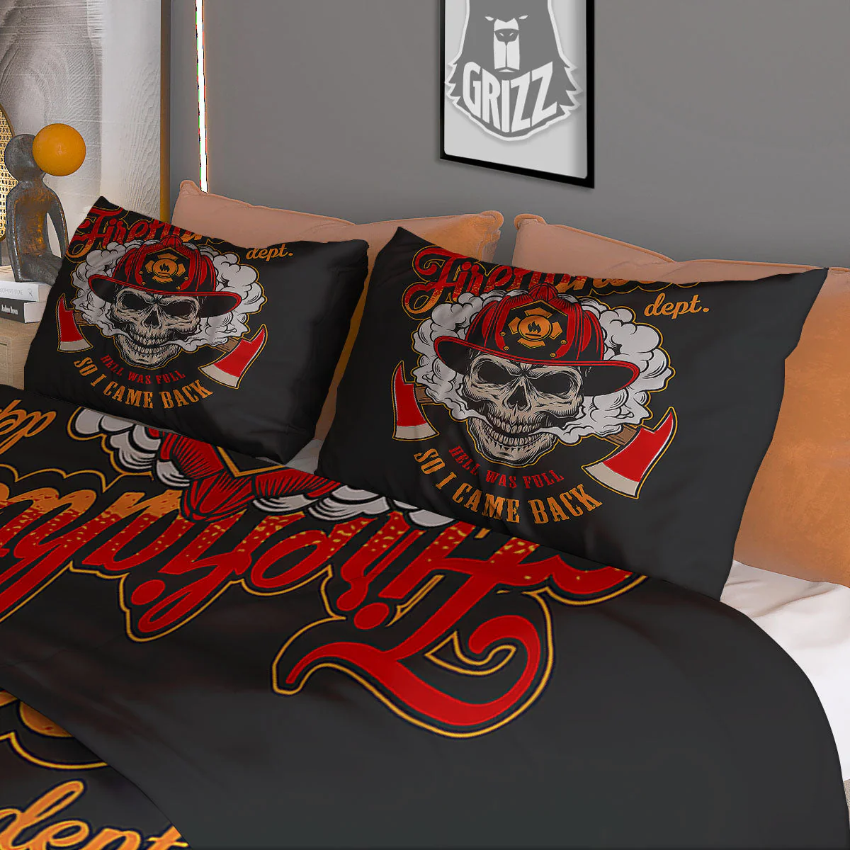Skull Firefighter Department Print Duvet Cover Bedding Set - Image 3