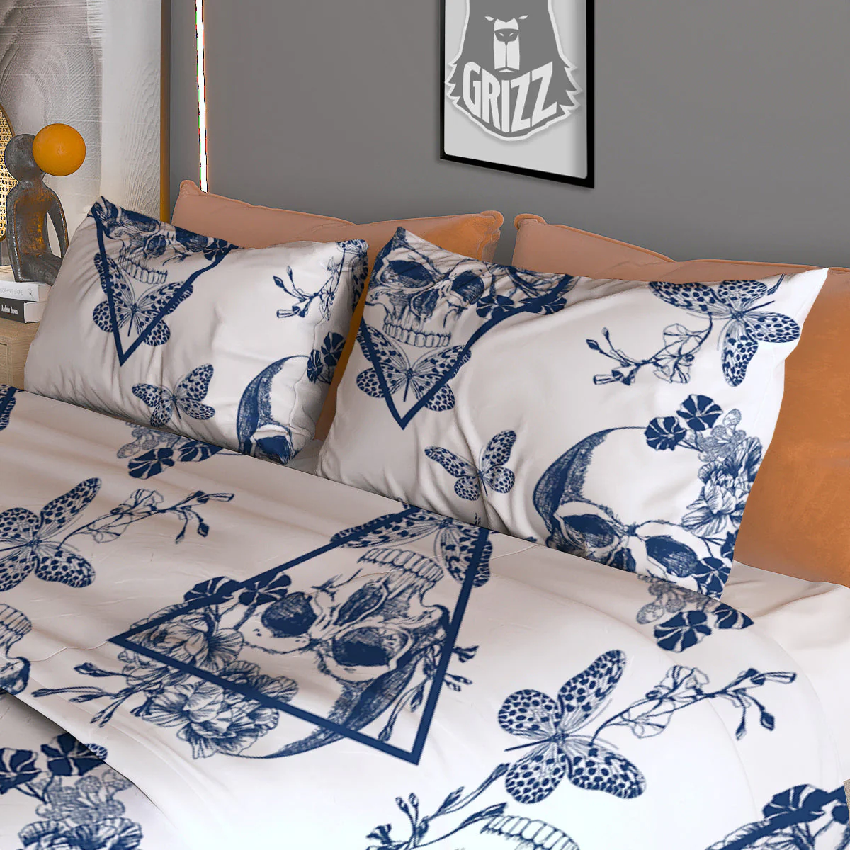 Skull Floral White And Blue Print Pattern Duvet Cover Bedding Set - Image 3