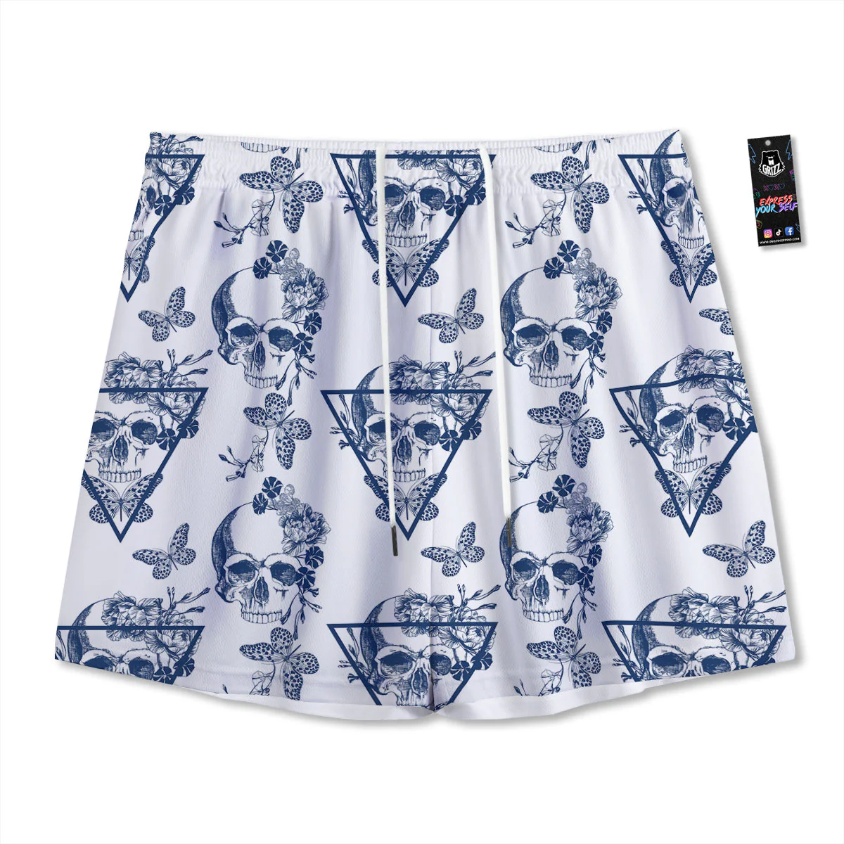 Skull Floral White And Blue Print Pattern Mesh Shorts