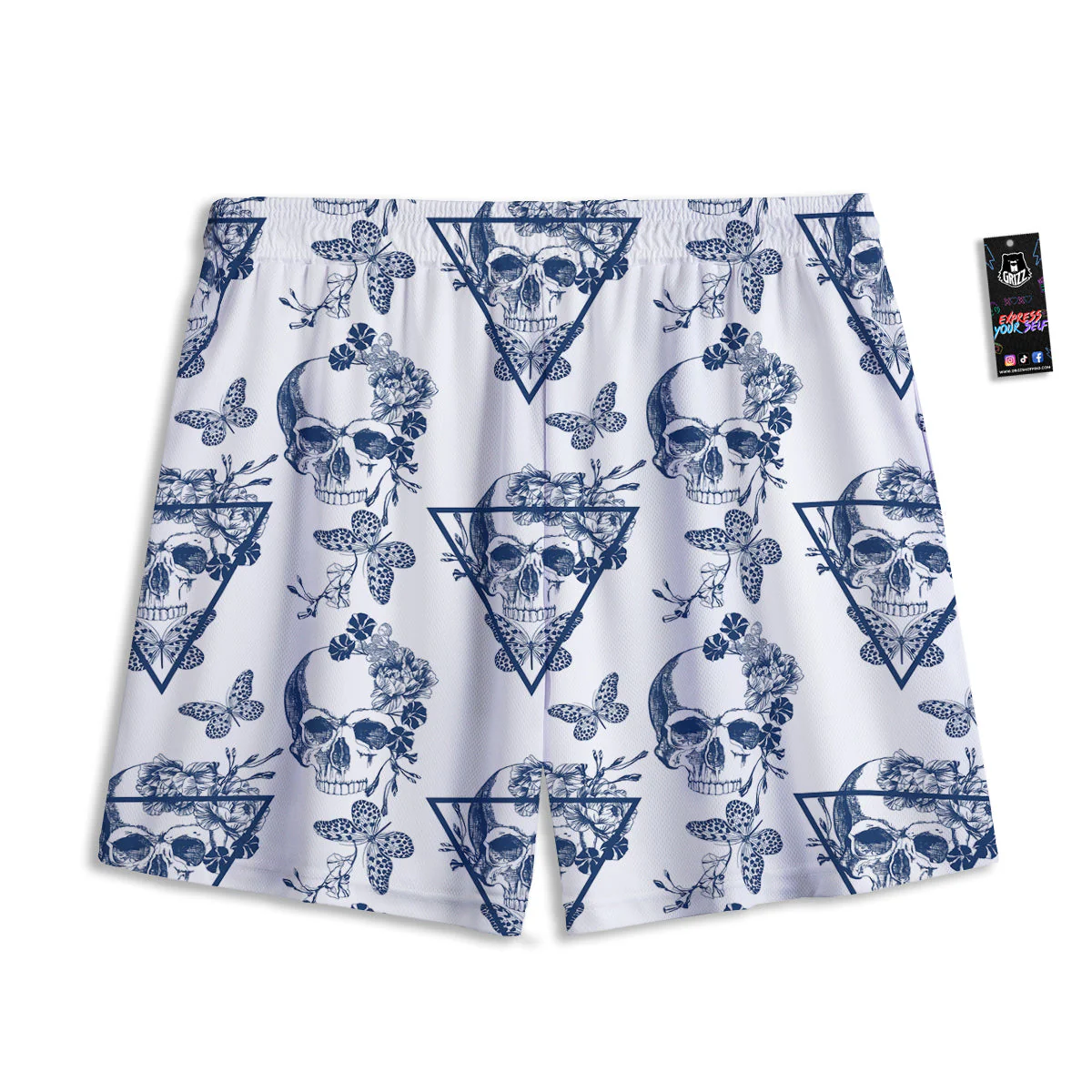 Skull Floral White And Blue Print Pattern Mesh Shorts - Image 2