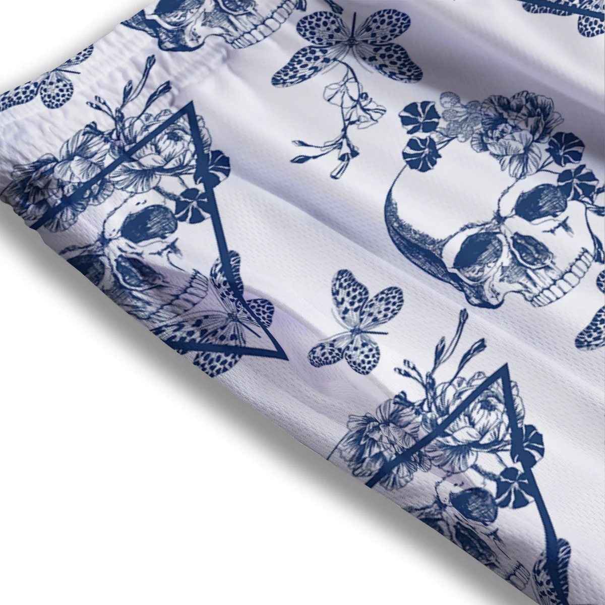 Skull Floral White And Blue Print Pattern Mesh Shorts - Image 3