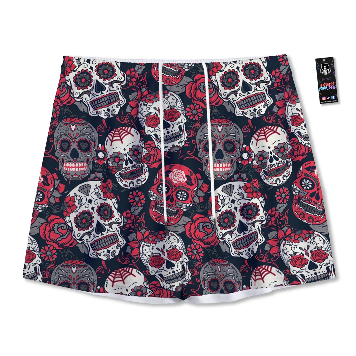 Skull Flower Red Sugar Print Pattern Mesh Shorts