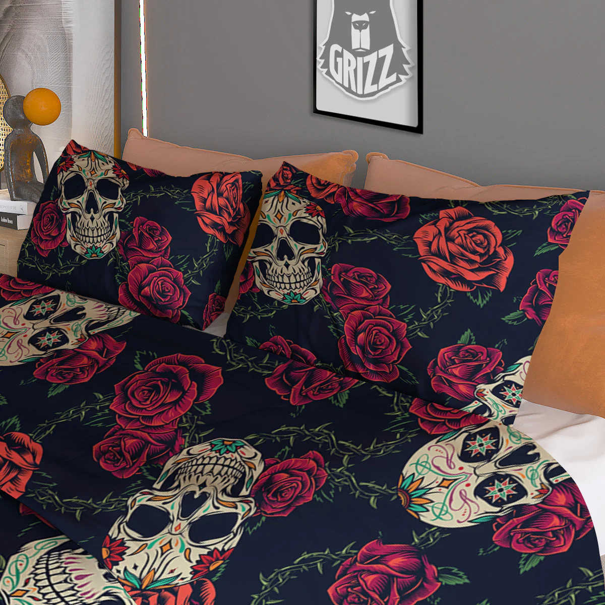 Skull Flowers Vintage Print Pattern Duvet Cover Bedding Set - Image 3