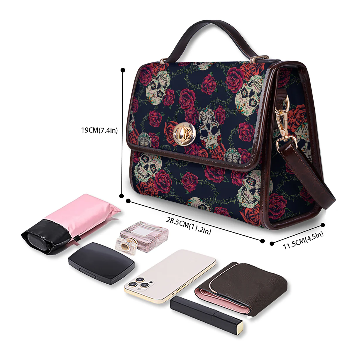 Skull Flowers Vintage Print Pattern Women's Satchel Bag - Image 4
