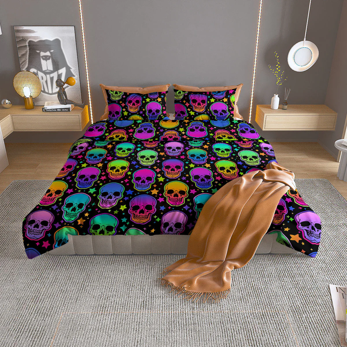 Skull Psychedelic Print Pattern Duvet Cover Bedding Set