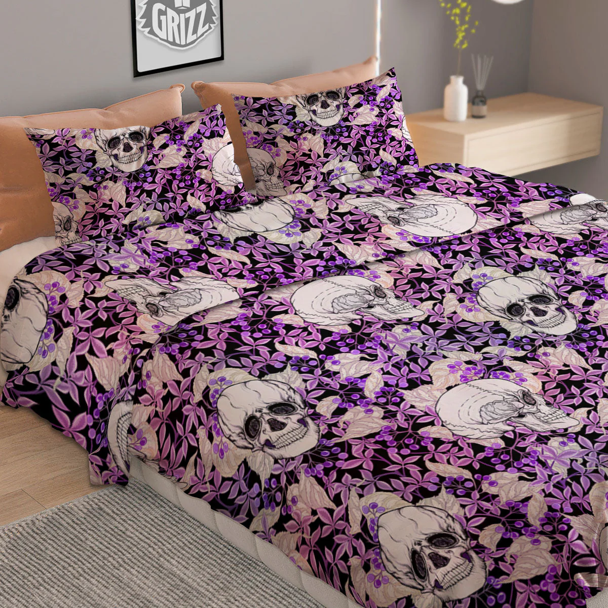 Skull Purple Tropical Print Pattern Duvet Cover Bedding Set - Image 2