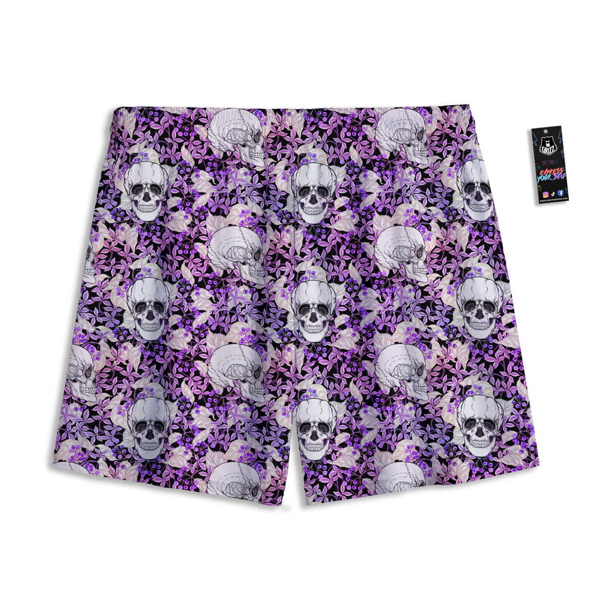 Skull Purple Tropical Print Pattern Mesh Shorts - Image 2