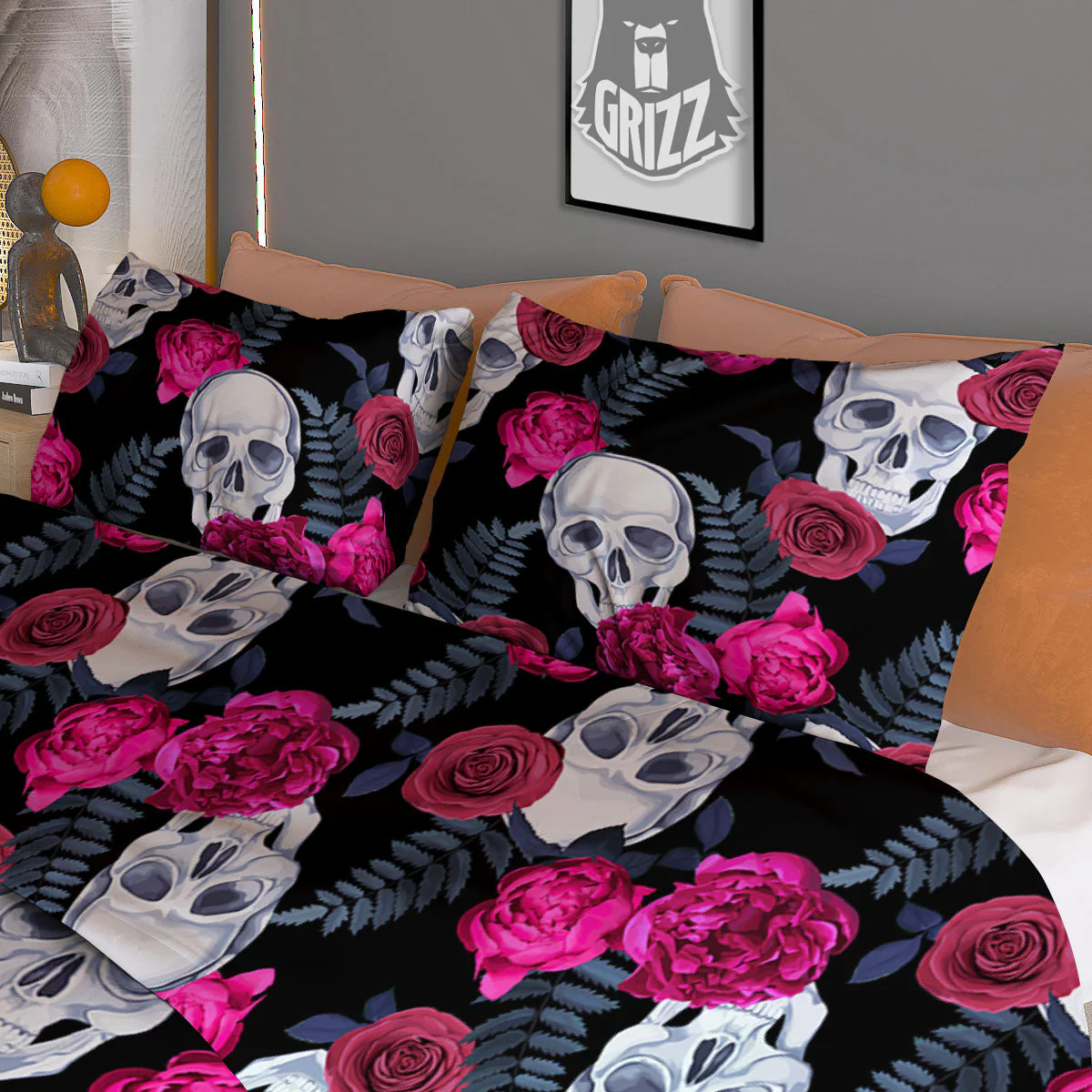 Skull Red Peony Print Pattern Duvet Cover Bedding Set - Image 3