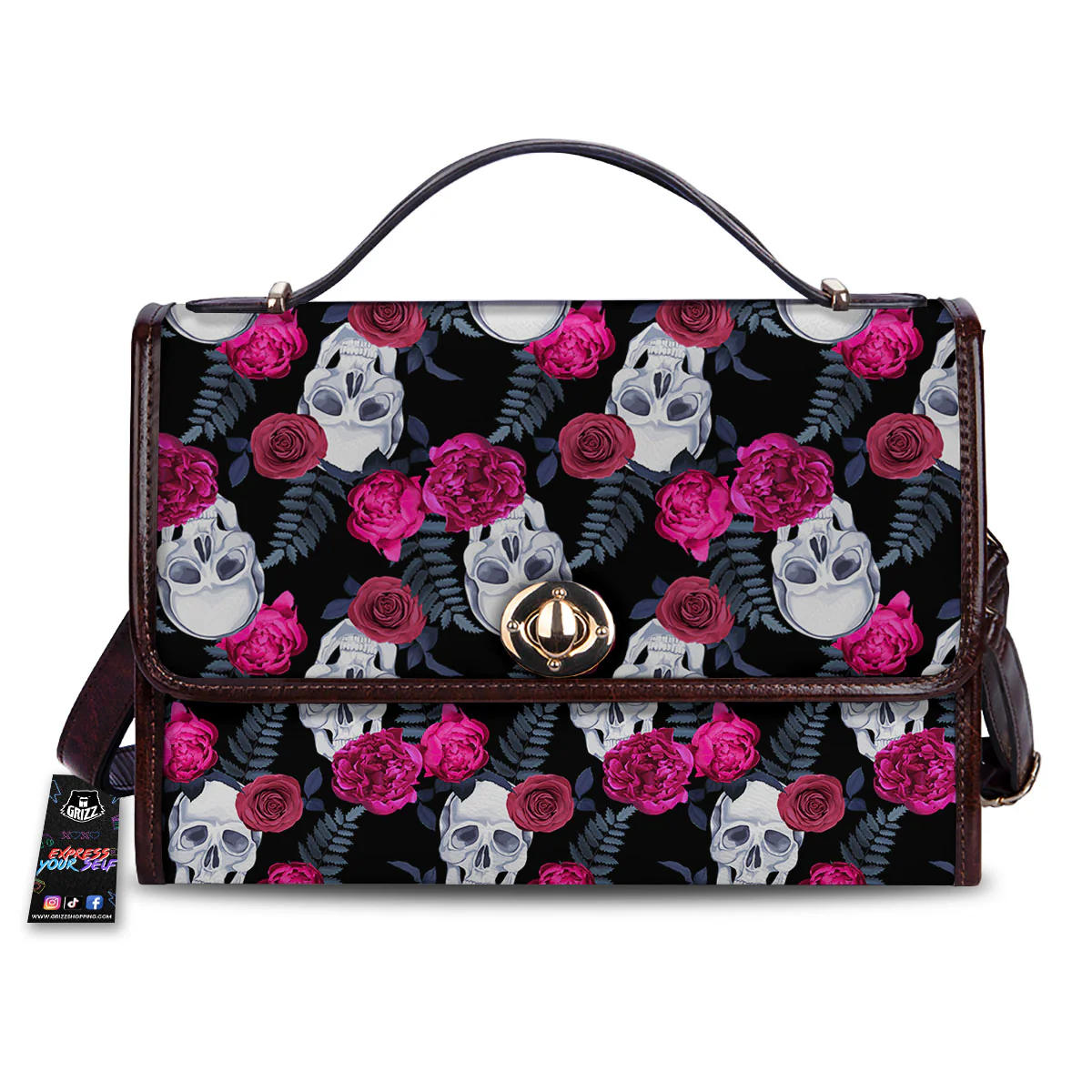 Skull Red Peony Print Pattern Women's Satchel Bag