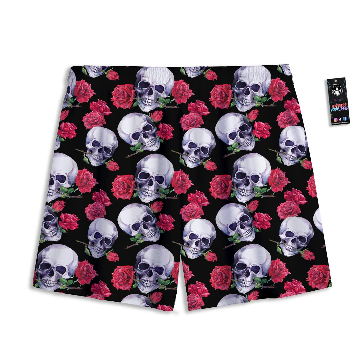 Skull Red Rose Print Pattern Mesh Shorts - Image 2